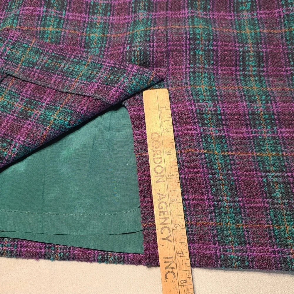 Vintage Alfred Dunner Plaid Skirt Womens 12 Purple Teal Wool Pencil Midi Grandma